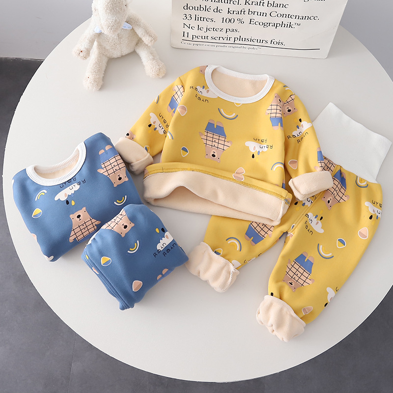 Children's clothing for boys and girls high waist printed thermal underwear two-piece set 2024 autumn and winter new baby pajamas suit wholesale
