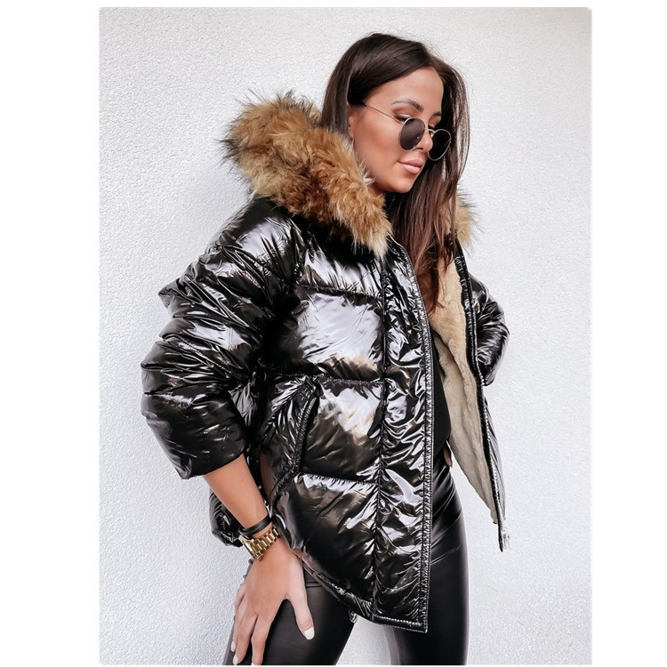 Picture of Cross-border European and American Amazon Hooded Slim-fit Short cotton-padded jacket Bright PU Solid Color Fashion Warm Zipper cotton-padded jacket