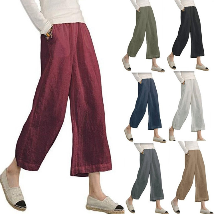 2025 Women's Spring and Summer New Products European and American Amazon Ebay Pure Color Cotton and Linen Loose Casual Wide-Leg Nine-Point Pants for Women