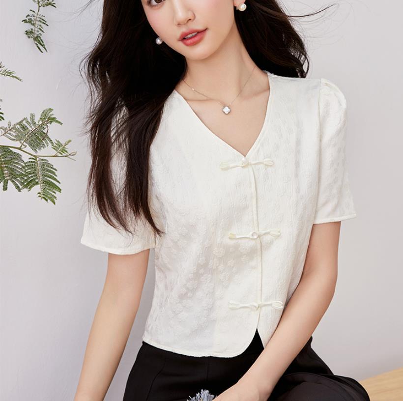 Real shot spot new Chinese button chiffon shirt women's sense of retro national style V-neck top 2024 summer