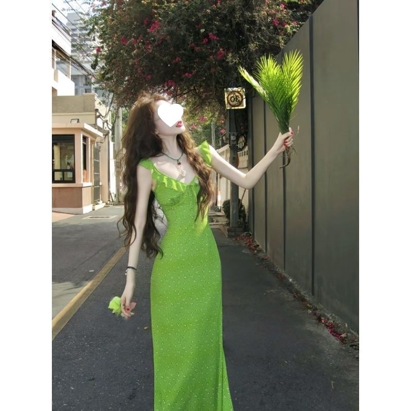 French-Style Sweet and Cool Age-Reducing Floral Spaghetti Strap Dress, New Summer Slim-Fit Bodycon Elegant Long Dress for Women