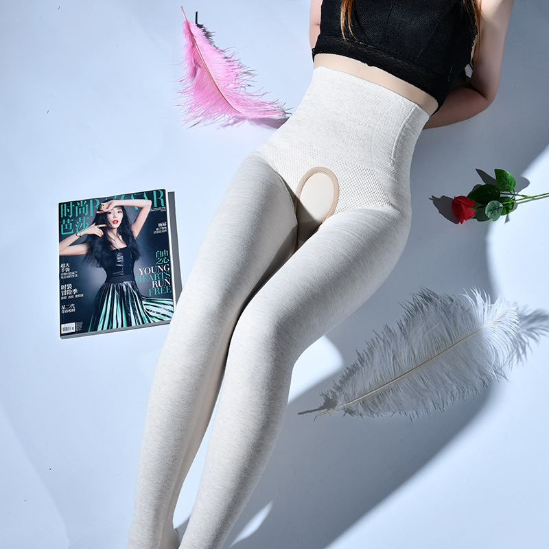 Picture of Qing He Autumn and Winter Cotton Leggings Women's Sexy Open Crotch Pantyhose Fish Bone Waist High Waist Thickened Warm