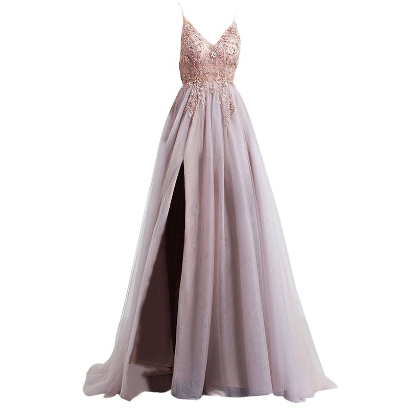 Cherry Blossom Pink Bride Wedding Toast Dress Banquet Annual Meeting Catwalk Performance High Split Wedding Dress Deep V Sling