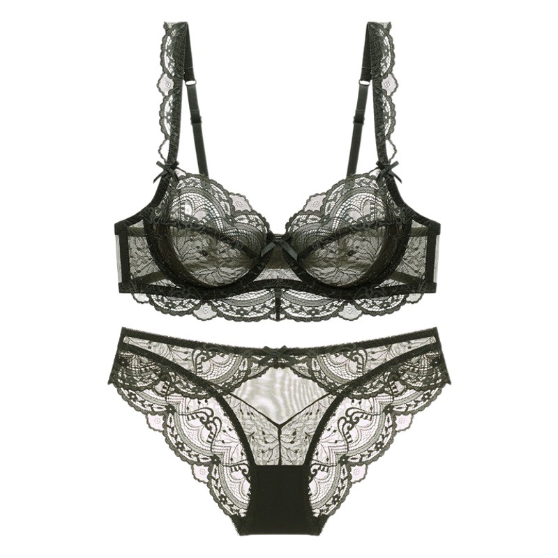 French Style Lace Underwear Women's Ultra-Thin Non-Sponge Sexy Underwear Set Big Chest Small Anti-Sagging Top Bra
