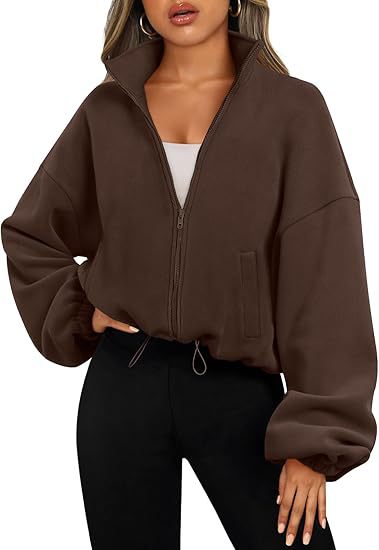 Picture of 2025 Amazon Cross-Border Short-Sleeved European and American Style Fashionable Casual Stand-Up Collar Long-Sleeved Zipper Drawstring Warm Cardigan