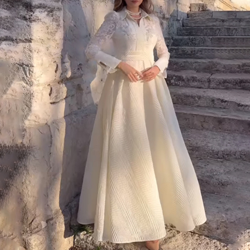2025 New Cross-Border European and American White Front Breast Beaded Flower Lace Gauze French Retro Long-Sleeved Fashion Slim Dress