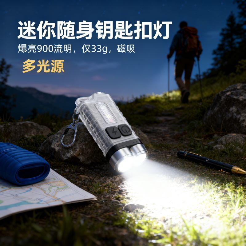 New Luminous Led Keychain Light Side Light Work Light USB Rechargeable 900 Lumens Mini Handheld Flashlight