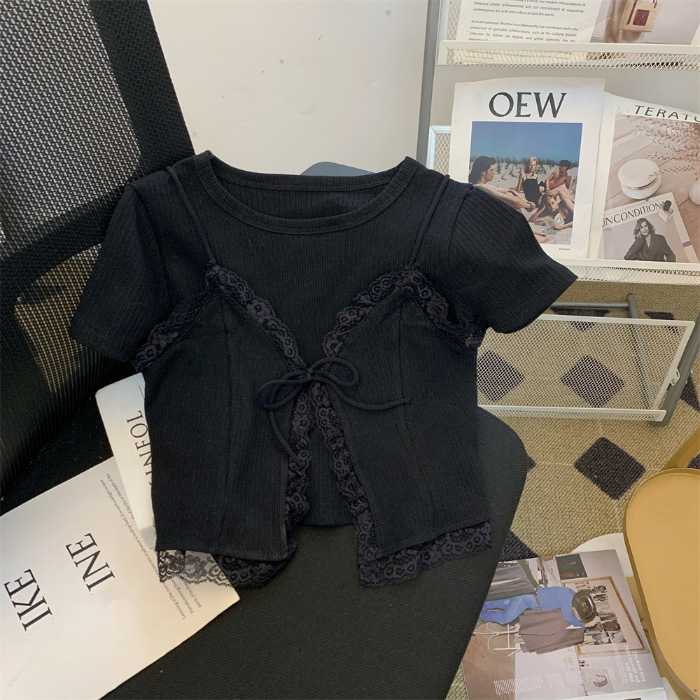 Picture of Pure Lace Stitching Lace Camisole Women's 2024 Summer New Shoulder Short-sleeved T-shirt Stacked Two-piece Set