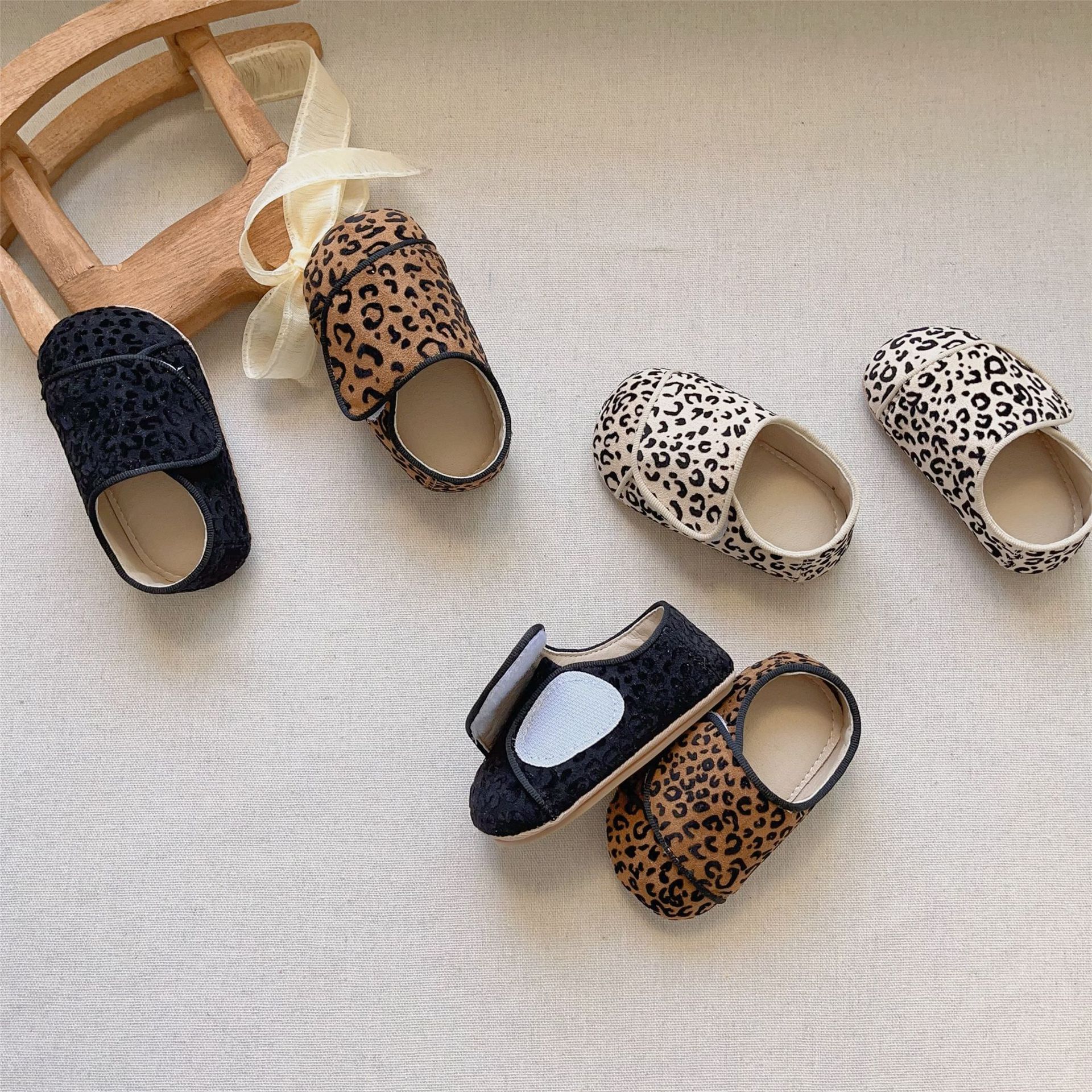 Korean Style New Baby Toddler Shoes Velcro Non-slip Soft Bottom Soft Surface Stereo Flocking Printed Leopard Print Bread Shoes