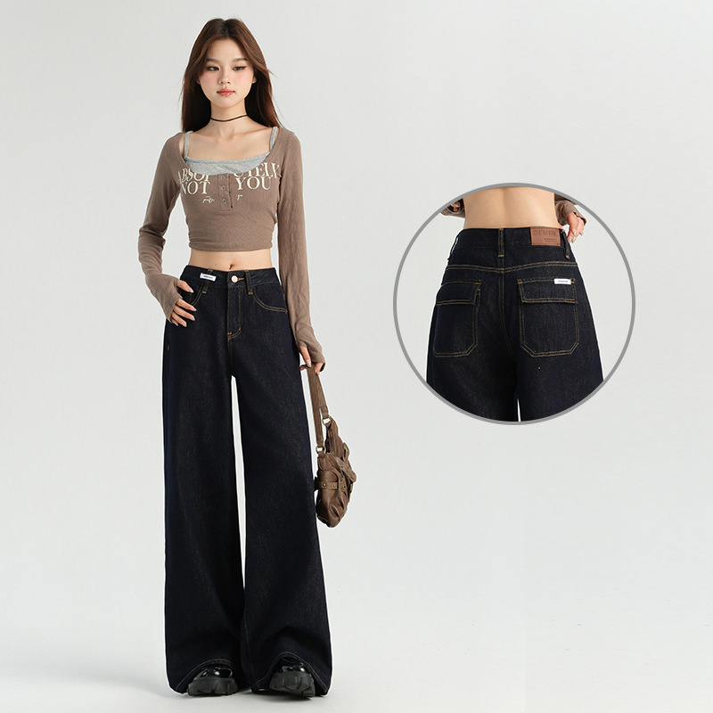 dark blue Design Large Wide Leg Jeans Women's Autumn High Waist Original Color Loose All-match Vertical Straight Trousers