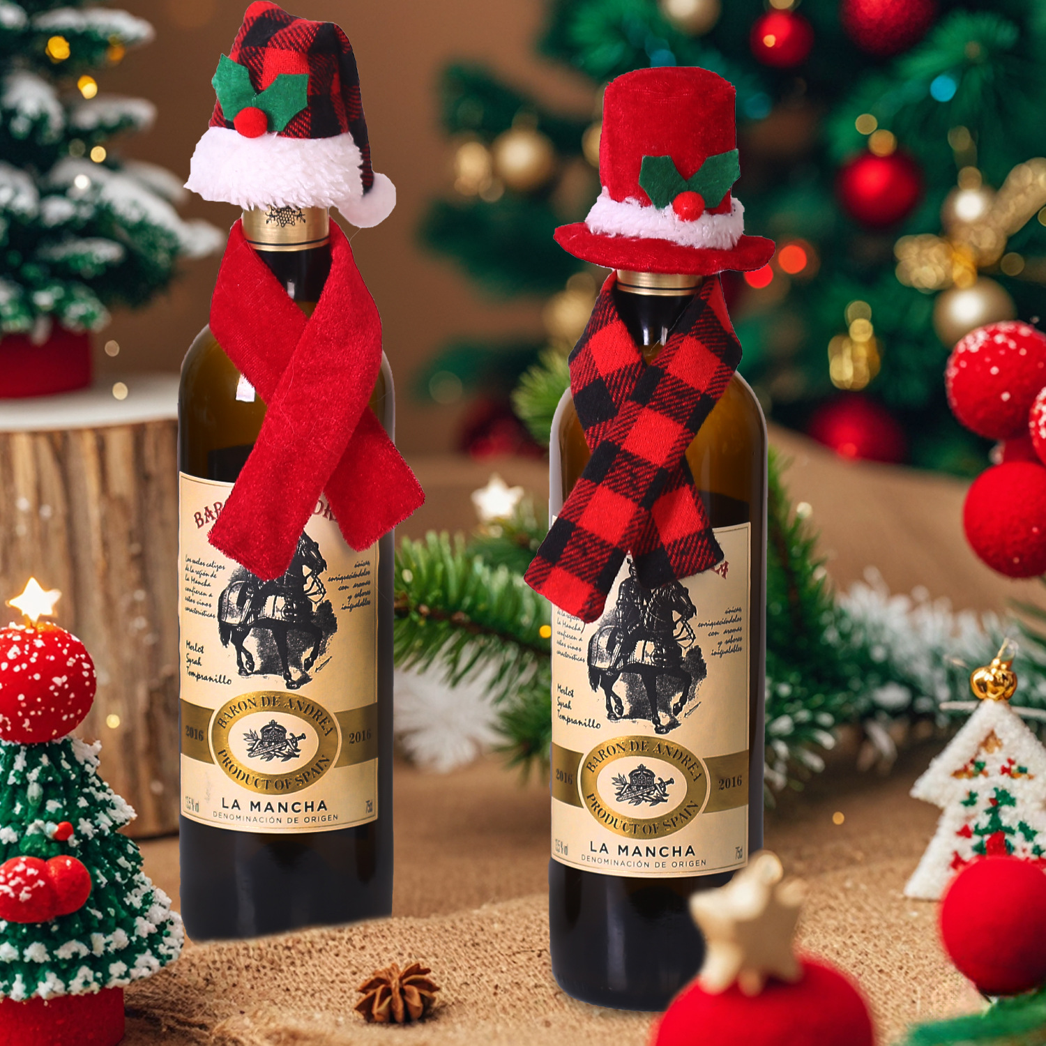 Picture of Christmas Creative Decorations Scarf Hat Two-piece Set Red Wine Bottle Set Hotel Restaurant Decoration Dress-up Supplies