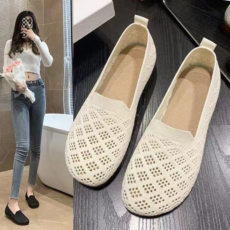 2024 summer new mesh women's shoes soft bottom soft mother shoes breathable hollow flat bean shoes shallow mouth shoes