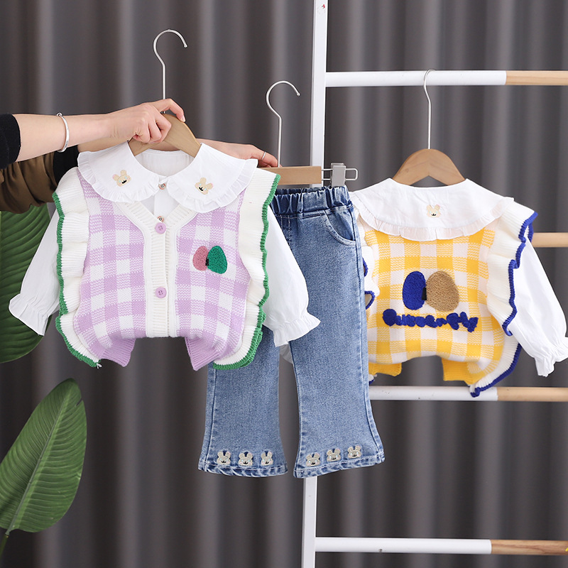 Spring new children's two rabbit collar long sleeve suit baby girl casual fashion long sleeve three-piece suit fashion
