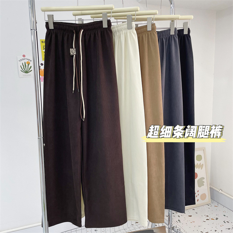 Ultra-fine Wide-leg Pants Women's 2023 New Corduroy Casual Pants Skinny Smiley Double Belt Straight Pants