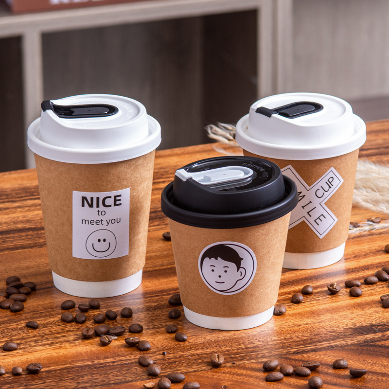 Double-layer Kraft Paper Cup Disposable Coffee Cup with Lid Commercial Milk Tea Cup with Packing Cup Hot Drink Cup