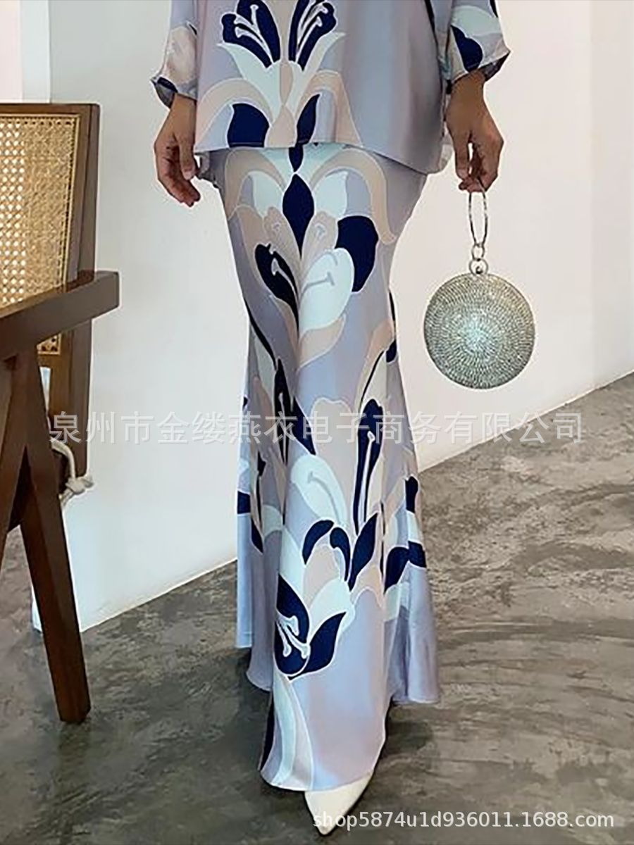 Picture of Cross-border Amazon European and American plus size Women's Autumn High Waist Retro Printed Skirt Elegant Long Hip Skirt