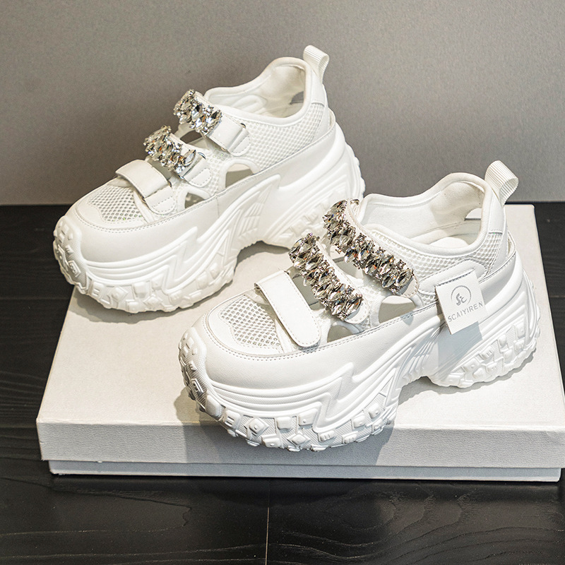Dad's Shoes for Women 2025 New Summer Thick-Soled Cut Out Mesh Rhinestone Breathable Shoes Casual Fashion Versatile Women's Sandals