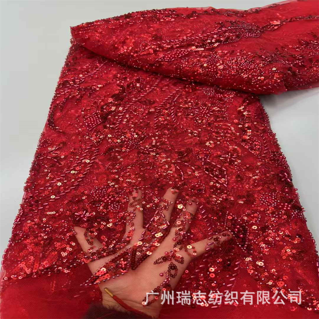 Picture of Purple heavy industry sequined embroidered plant pattern three-dimensional lace dress wedding dress cheongsam fabric lace