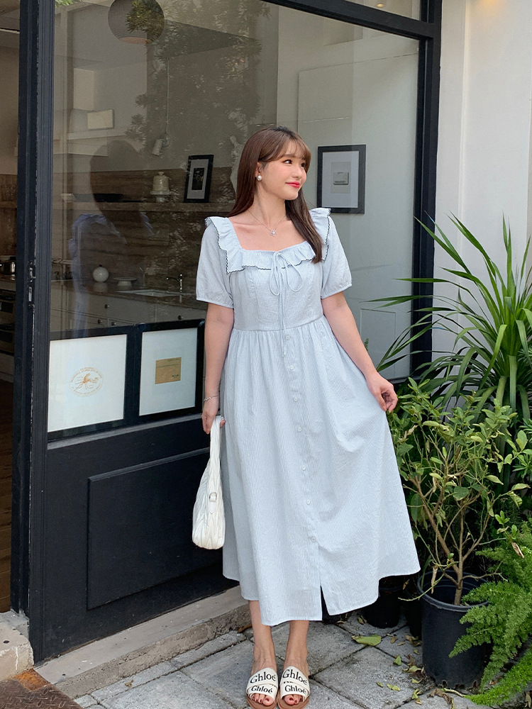 Picture of Tea Break French Dress Women's Summer Chubby Girl Plus Size Fungus Lace Square Collar Blue Striped Slim Look Skirt 63019