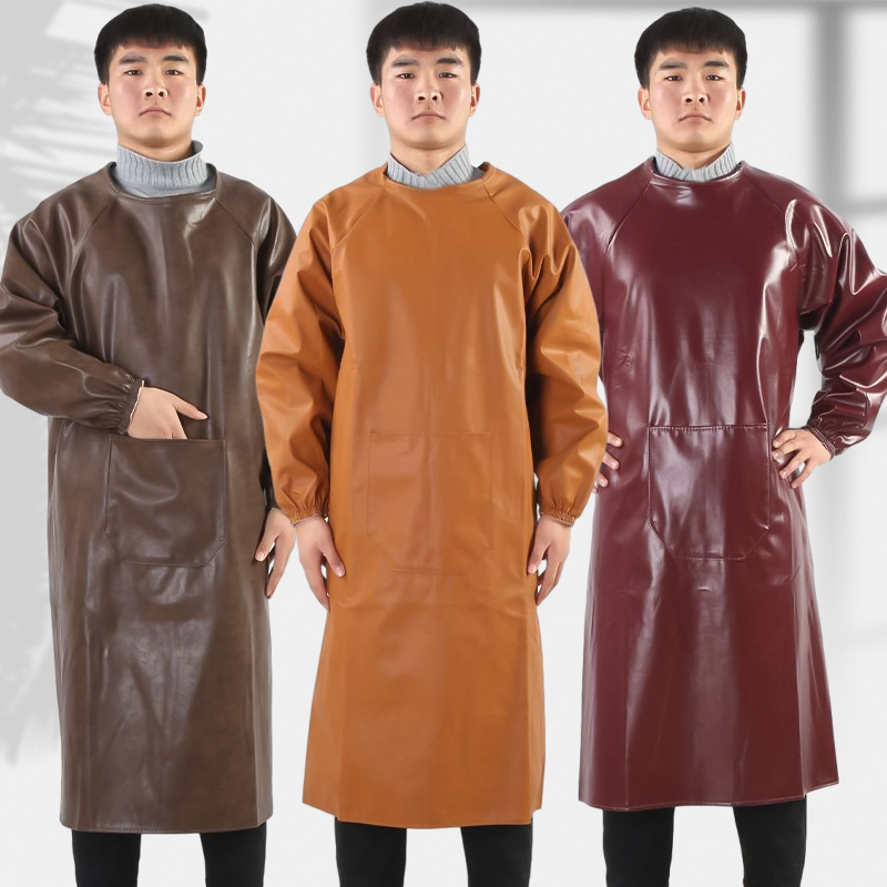 Thickened Wear-resistant Leather Overalls Work Labor Protection Adult Work PU Aquatic Household Waterproof Long-sleeved Apron Reverse Dressing