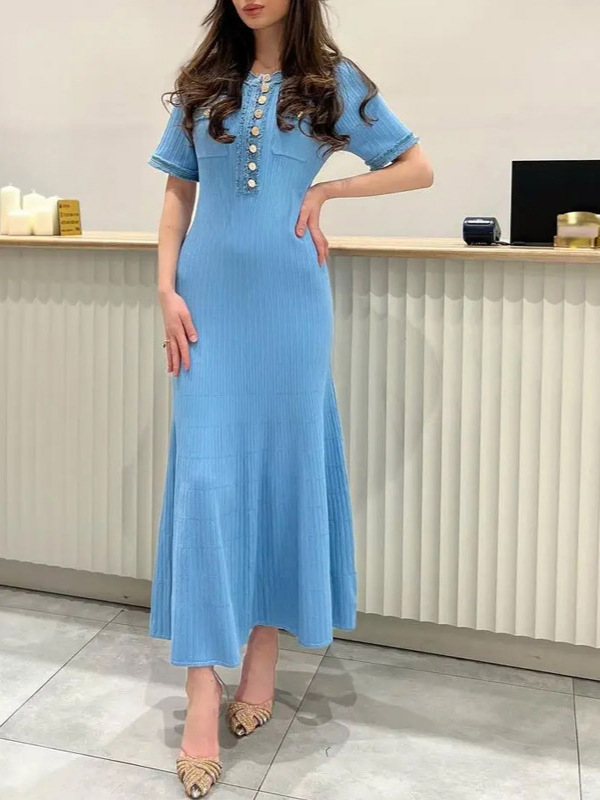Cross-Border European and American Clothing Aliexpress Denim Splicing Knitted Long Skirt Women's High-Quality Popular Large-Swing Dress