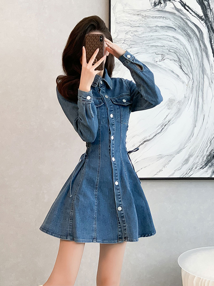 Denim dress Women's Autumn Design Sense Niche Small Women's Strap Slim-fit Slimming Age-reducing Long-sleeved A- line Skirt