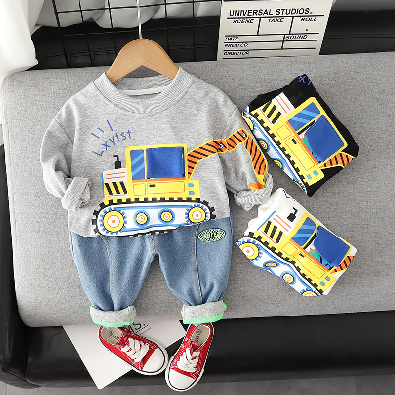 Children's autumn clothing wholesale autumn new boys' cartoon excavator long-sleeved sweater two-piece baby casual jeans