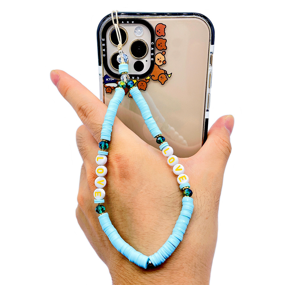 Picture of European and American Style Phone Chain Couple Letter Love Soft Clay Phone Strap Beaded Phone Lanyard Pendant for Women
