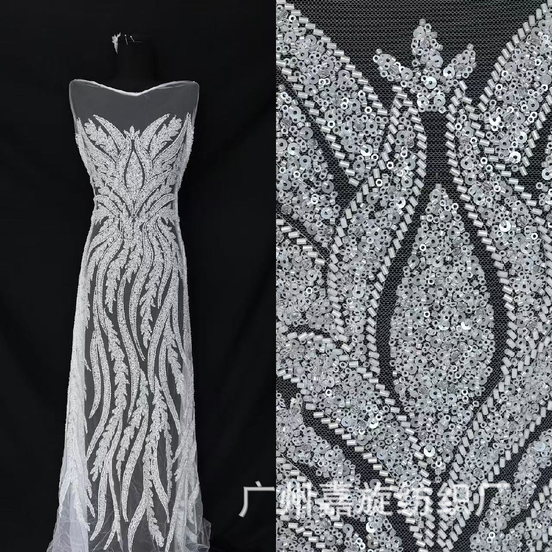 White French wedding dress fabric fashion flower crystal rice beads + transparent glass diamond mesh dress skirt fabric