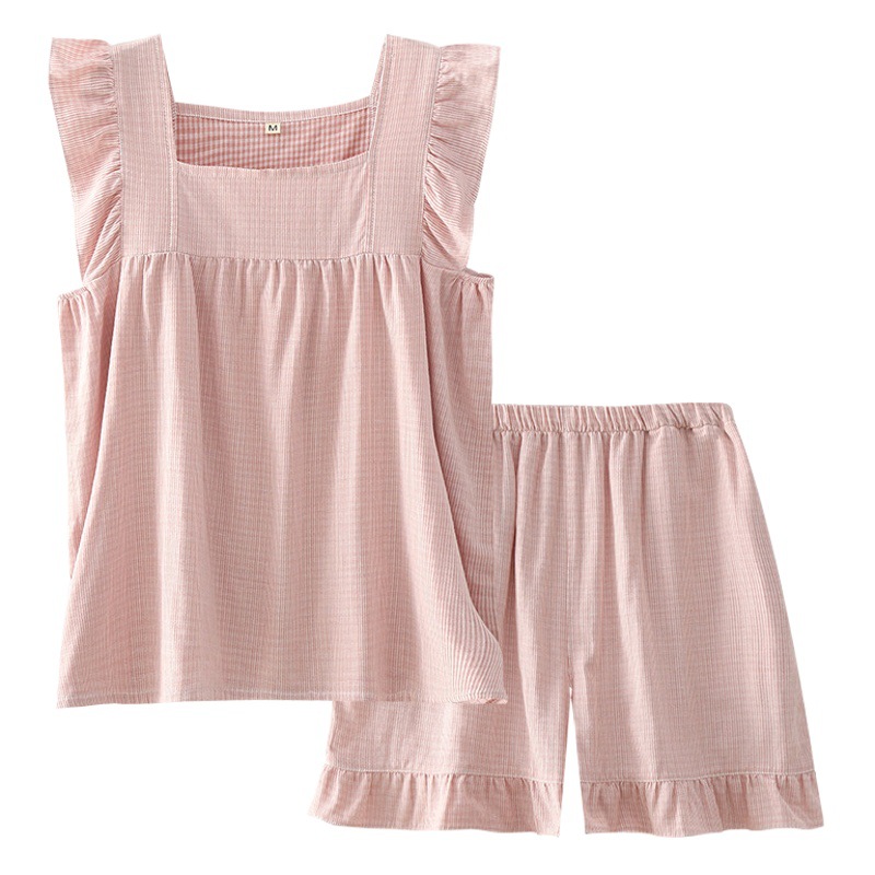 Summer Cotton Sleeveless Vest Shorts Home Clothes Women's Thin Gauze Square Collar Pajamas Set Sweet Plaid Loose