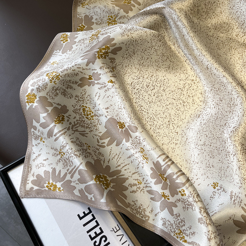 Picture of Spring and Autumn Thin Japanese and Korean Sweet Champagne Color Small Floral Silk Mulberry Silk 70cm Square Scarf Silk Scarf Hair Band Headwear Women
