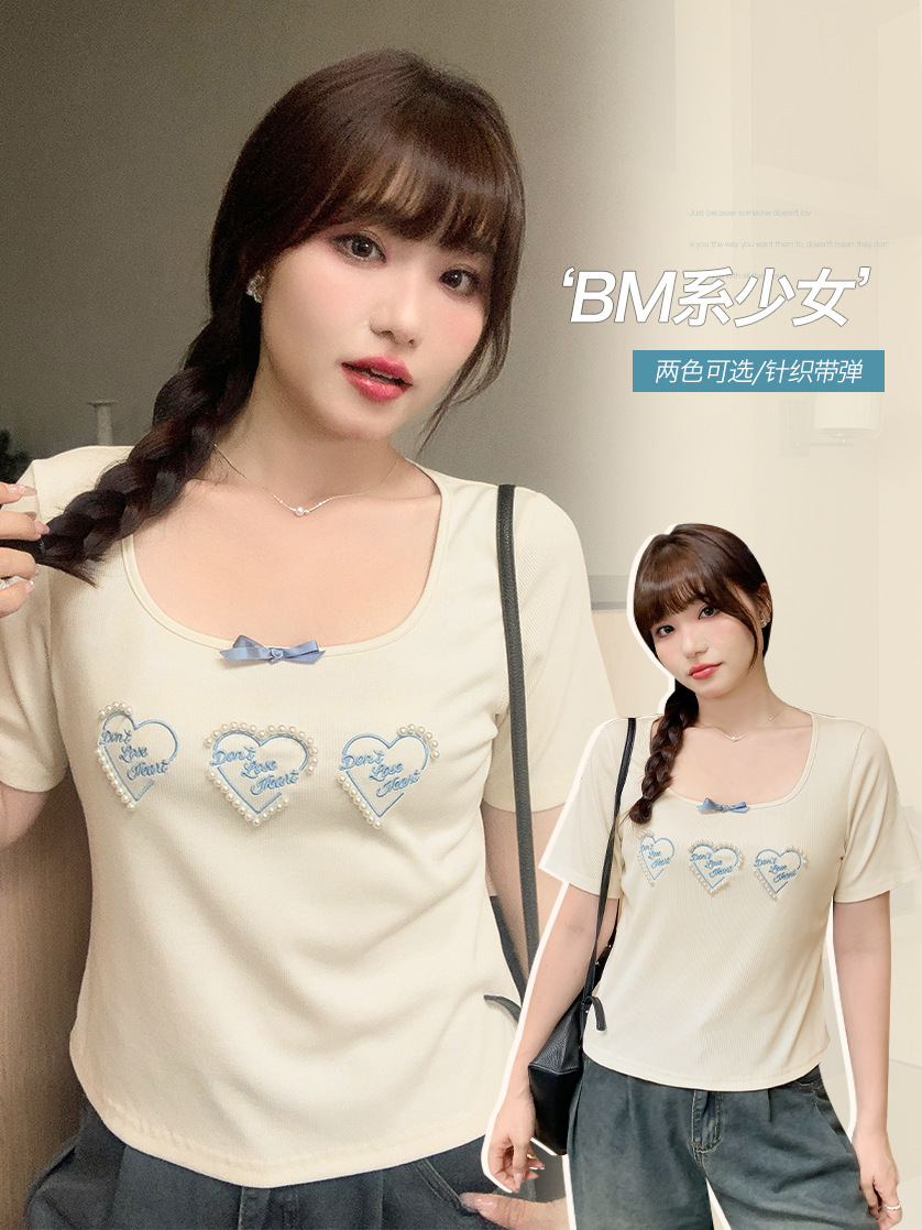 Summer Bow Square Collar Short-Sleeved T-Shirt for Women Plus Size Fat mm Embroidered Pearl Heart Slimming Look Top 62973