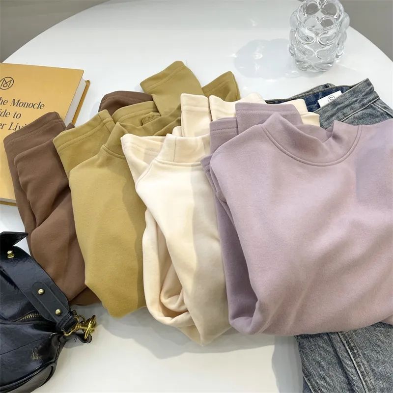 Picture of fleece-lined Thickened Warm Velvet Base Shirt Taro Purple Mock Collar Base Shirt Women's Solid Color Autumn and Winter Warm Top for Women