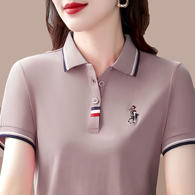 Spring/Summer Quality Mom Collar Short-Sleeve T-Shirt Women's Summer New Polo Middle-aged Sports Casual Top Plus Size