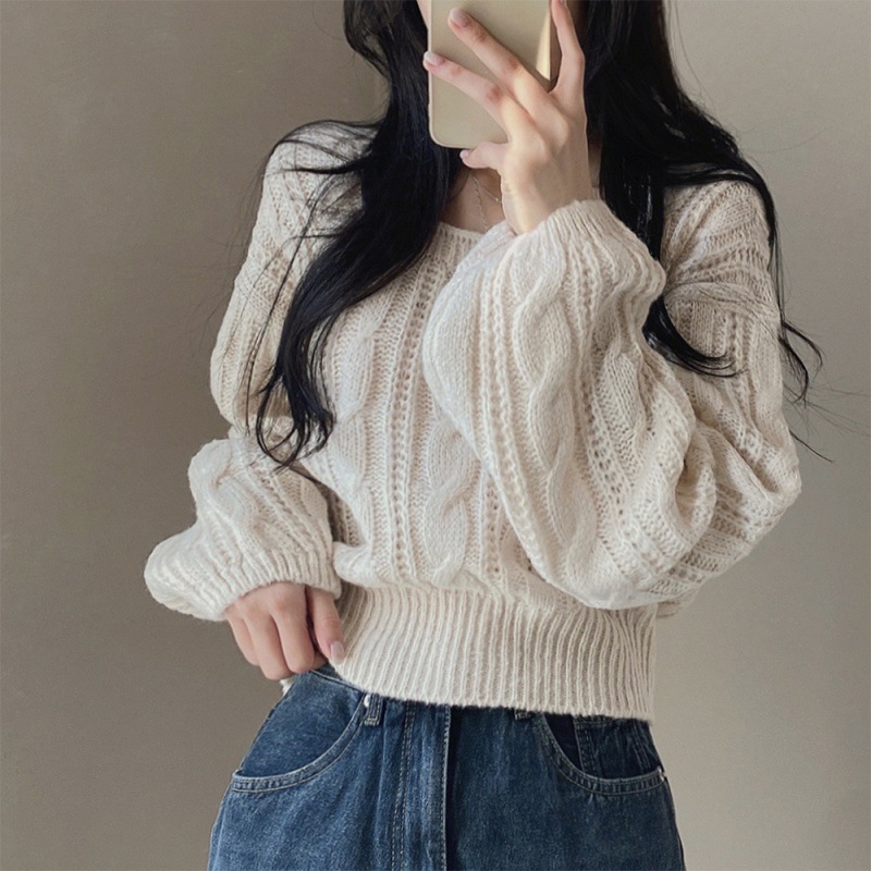 Picture of Korean style retro twist square collar pullover long sleeve sweater women's autumn and winter New loose short lazy style knitted top