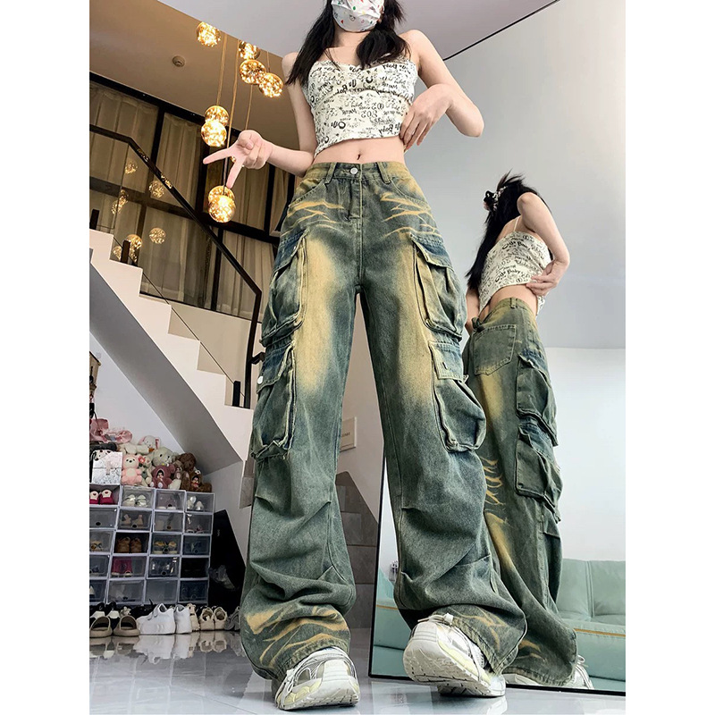 2025 American Retro Tooling Jeans Women's Autumn Waste Earth Color Washed Old Multi-Pocket Loose Hip-Hop Pants