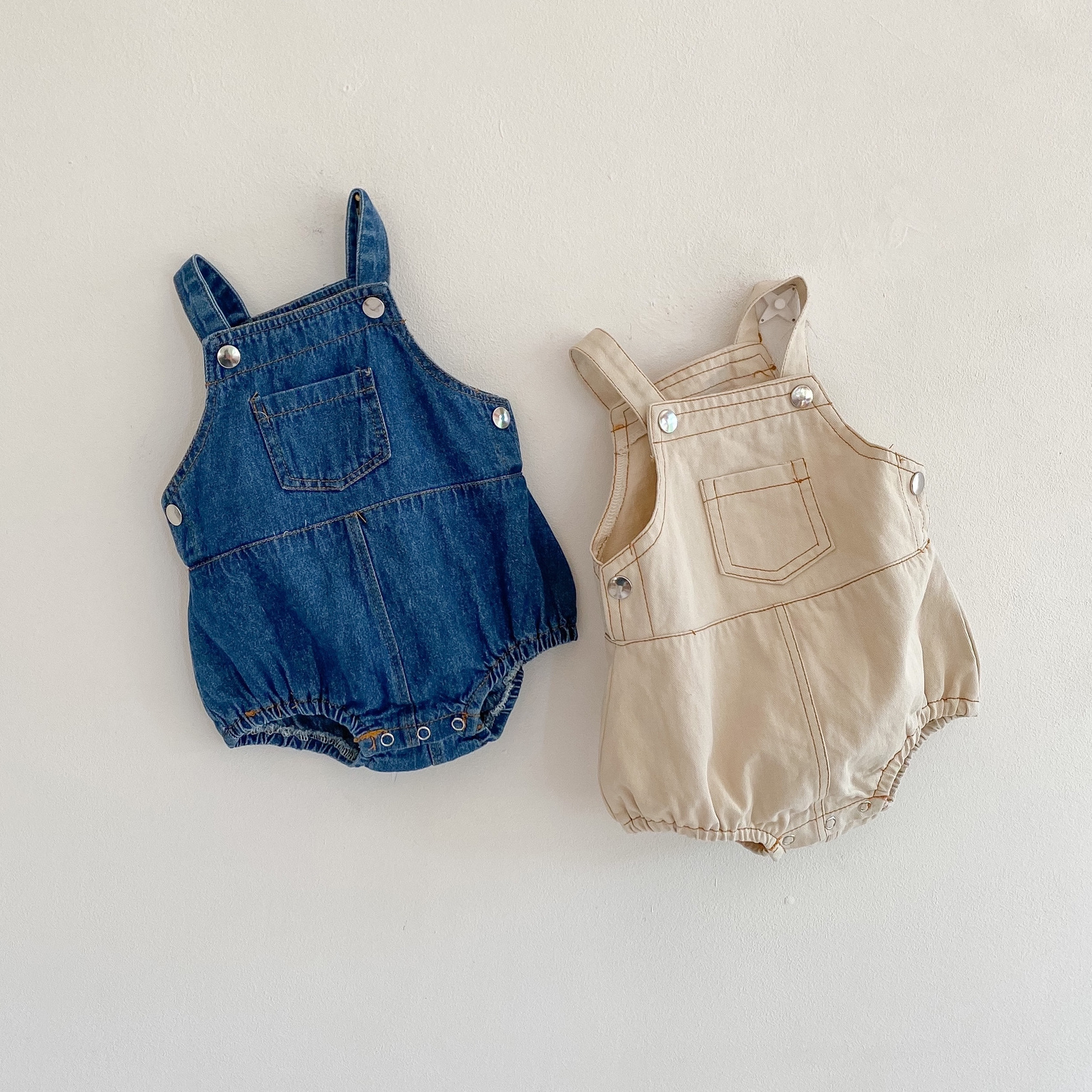 Picture of 2025 Spring and Summer Infants and Young Children, Male and Female Babies, Denim Suspenders, Baby Clothes, 0-2 Years Old, Cotton Jumpsuits, Rompers