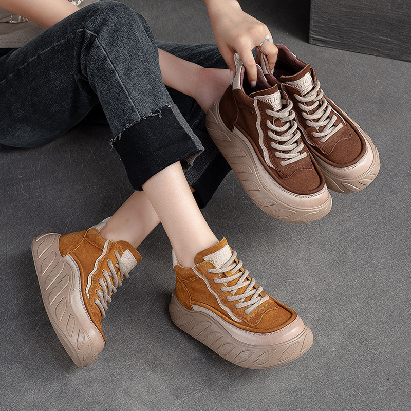 Shanghai Jiejie Autumn and Winter New Front Lace-up High-top Single-layer Shoes Retro Style All-match Top-layer Cowhide Thick-soled Fashionable Women's Shoes