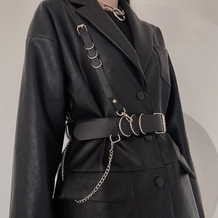 CHICSKY personalized concave shape belt women's new PU leather pin buckle chain decoration handsome punk shoulder strap
