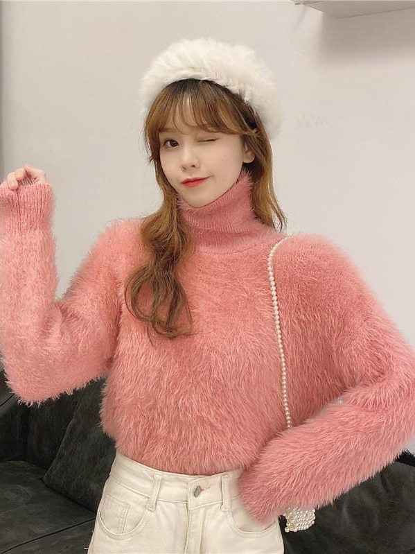 Picture of Thick soft glutinous sweater women's autumn and winter loose pullover inner warm top mink fur half turtleneck bottoming sweater