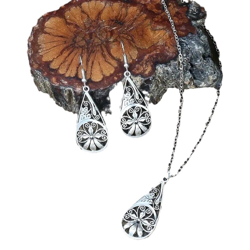 Ka billion Europe and the United States cross-border hollow pattern earrings necklace vintage jewelry water drop design women's versatile high-end suit