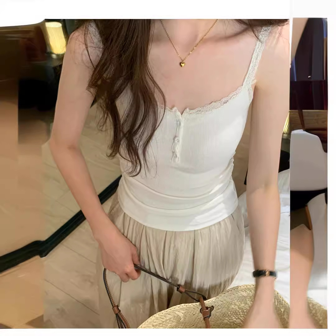 Picture of New Lace Inner Small Sling Spice Girl Slim-fit Sexy Vest Women's Design Sense Slim-fit Base Button Top Short