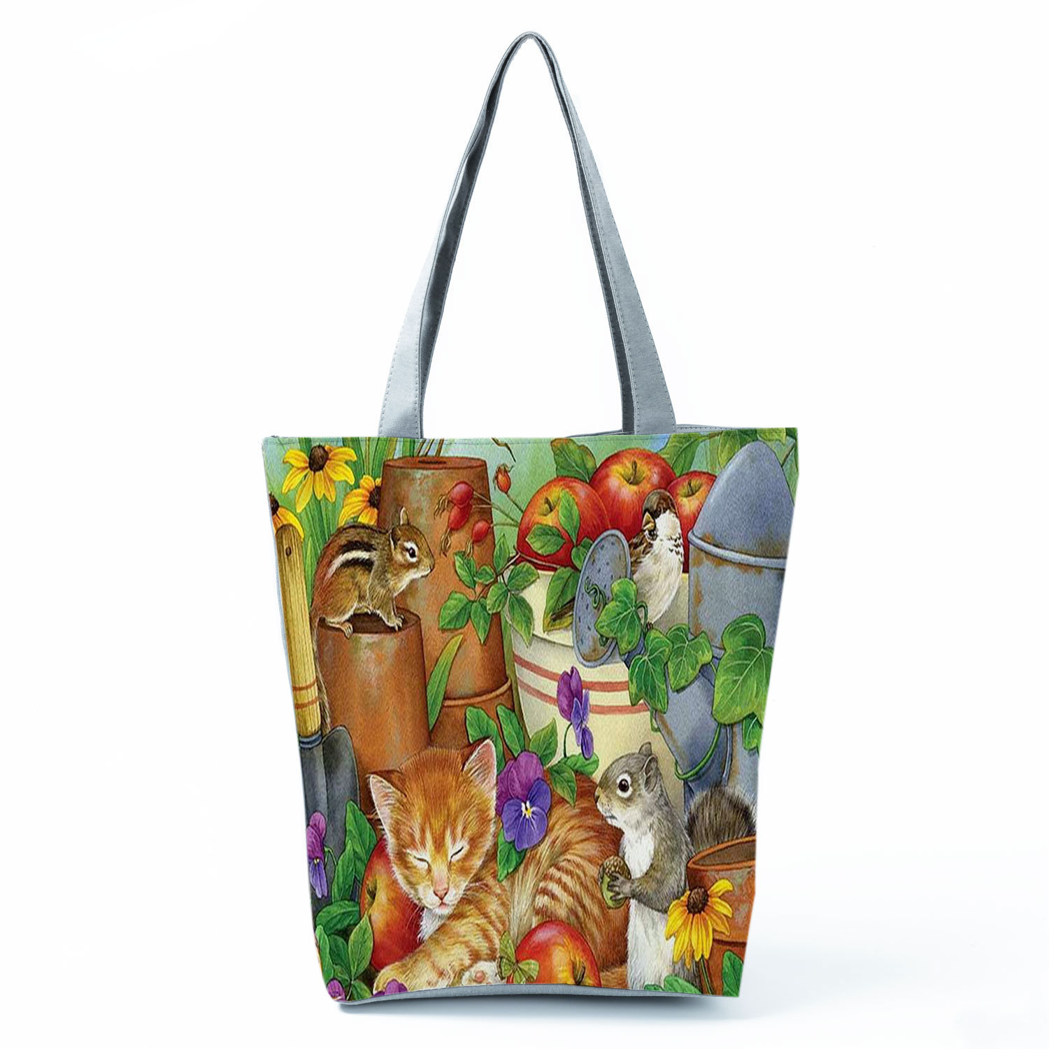 Picture of New cute flower cat printed shoulder bag portable travel storage bag large capacity outdoor tote bag