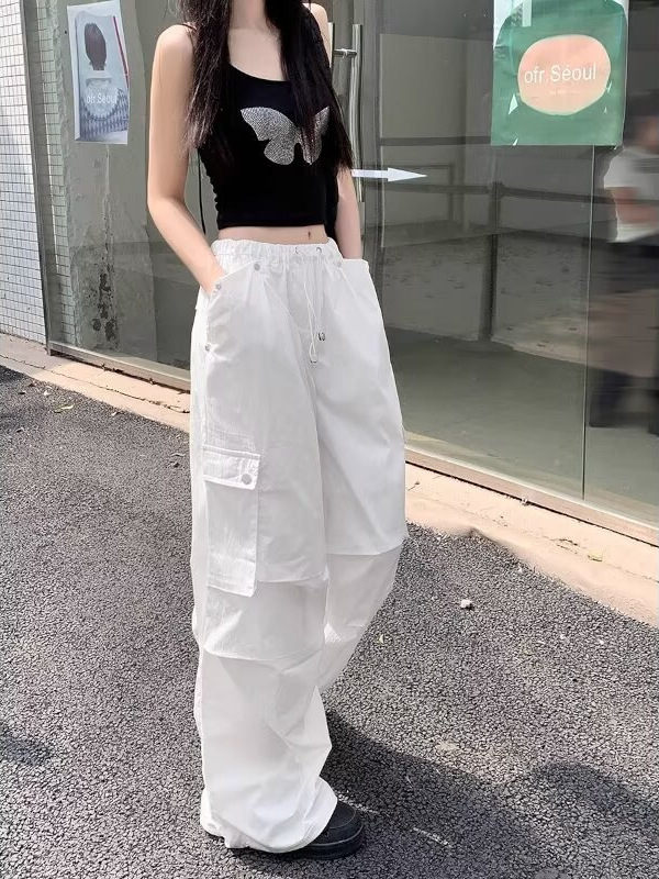 American Style Retro Ins White Overalls Women's Autumn New High Waist Slimming Spice Girls Loose Wide Leg Casual Trousers