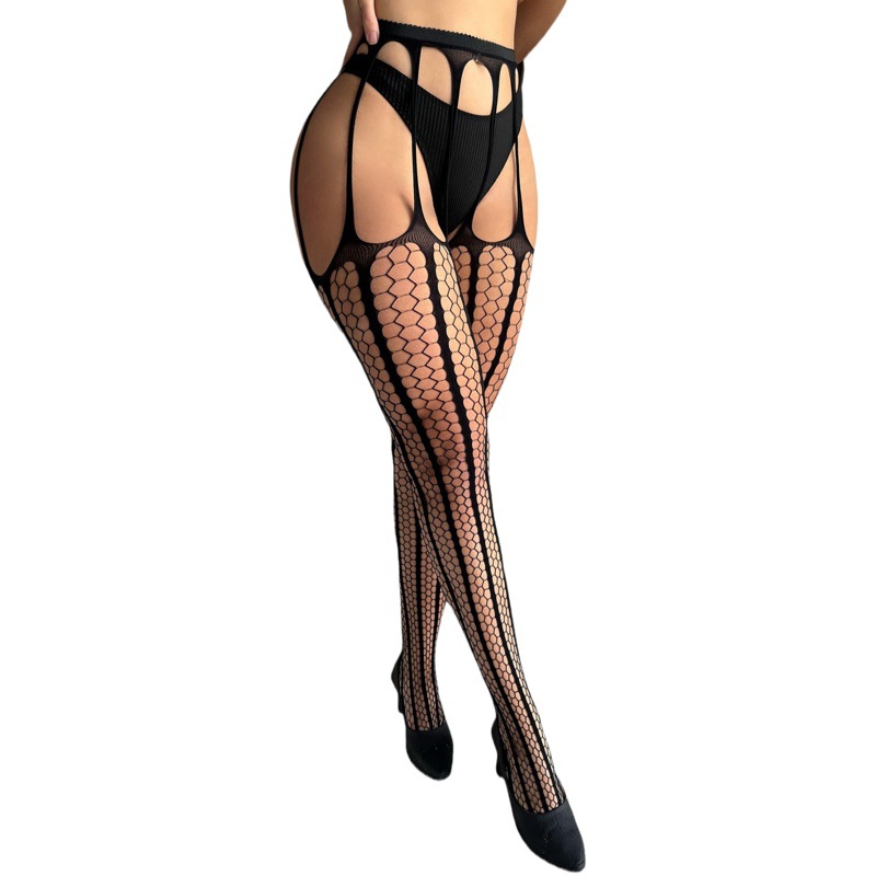 European and American ins Internet celebrity open crotch lace transparent sling mesh socks women's sexy fishnet black stockings Sey Lingerie