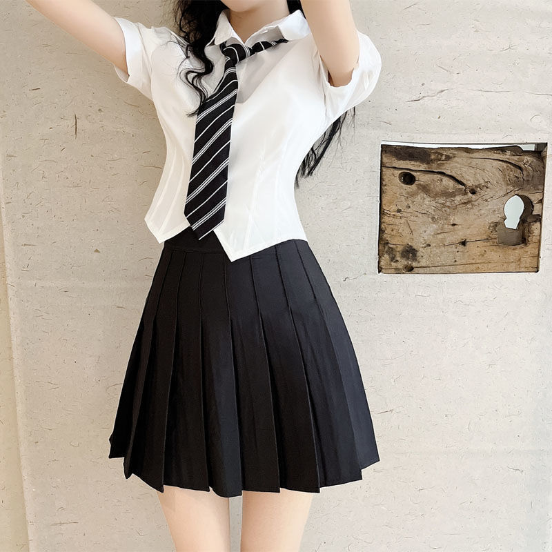 Picture of Summer New Tie Set Women's College Style Bubble Short-sleeved Top Slim Waist Shirt Women's Hot Short Shirt