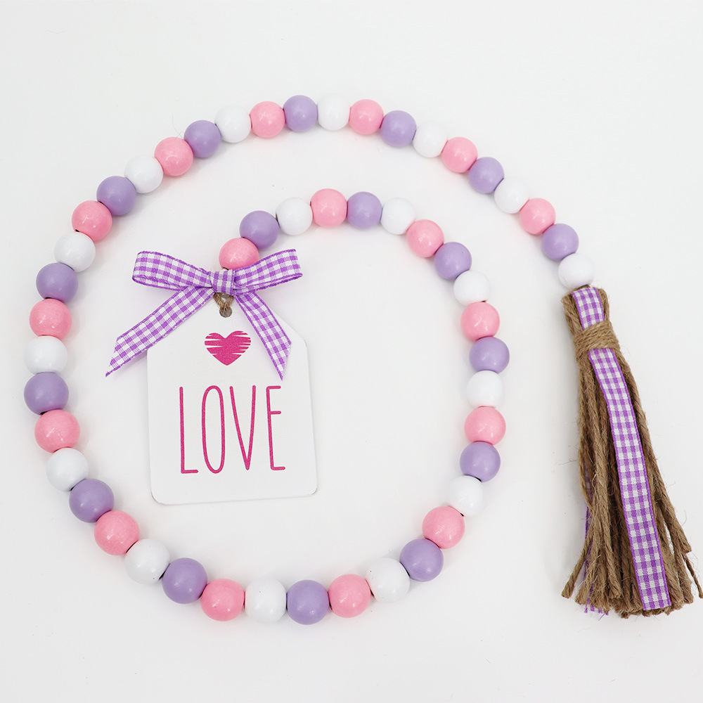 Picture of Valentine's day wooden bead hemp rope tassel beaded romantic ornament Love white wood bead string home decoration pendant