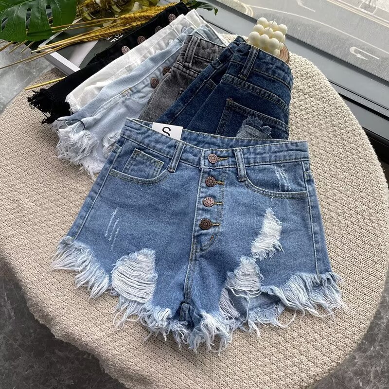 2024ins Spice Girls Ultra-short High Waist Ripped Breasted Jeans Women's Rapped Edge Loose Slim Wide Leg A- shaped Hot Pants