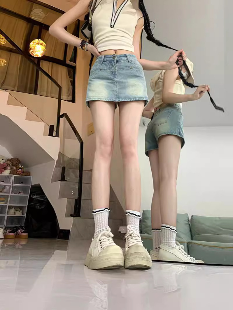 Vintage Denim Skirt Women's Hot Girl Short High Waist Hip Covering A- Line Hip Skirt Summer Skirt Women's Skirt
