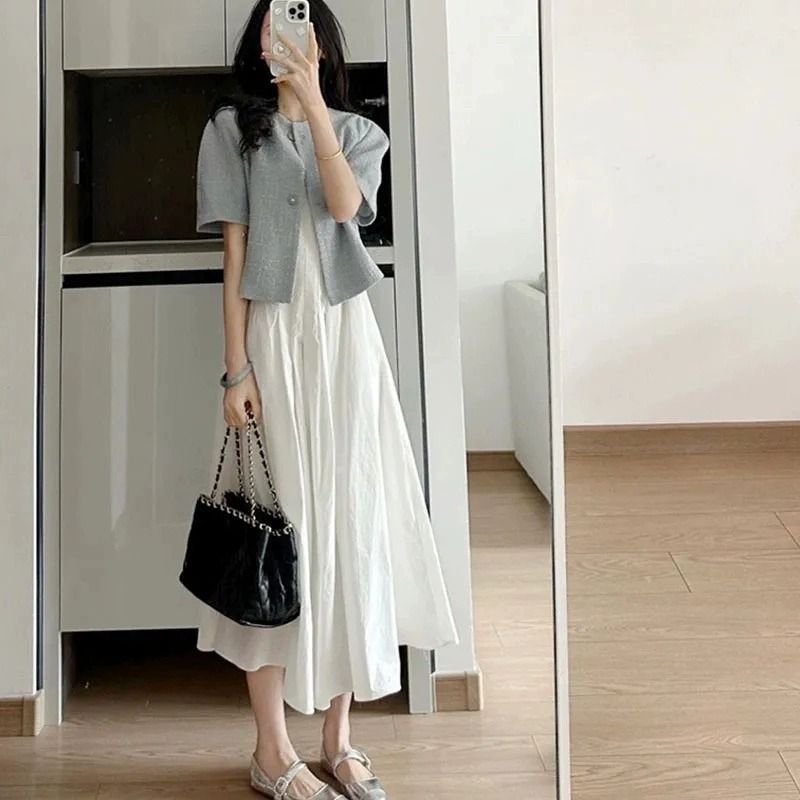 Temperament Gentle Style Royal Sister Wear Set Women's Summer Blue Suit Short Coat White Skirt Western Style Two-piece Set